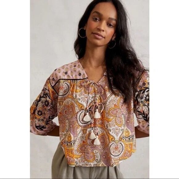 NEW Anthropologie Emma Kayleigh Tie Front Spliced Tassel Peasant Blouse Medium - Picture 2 of 5